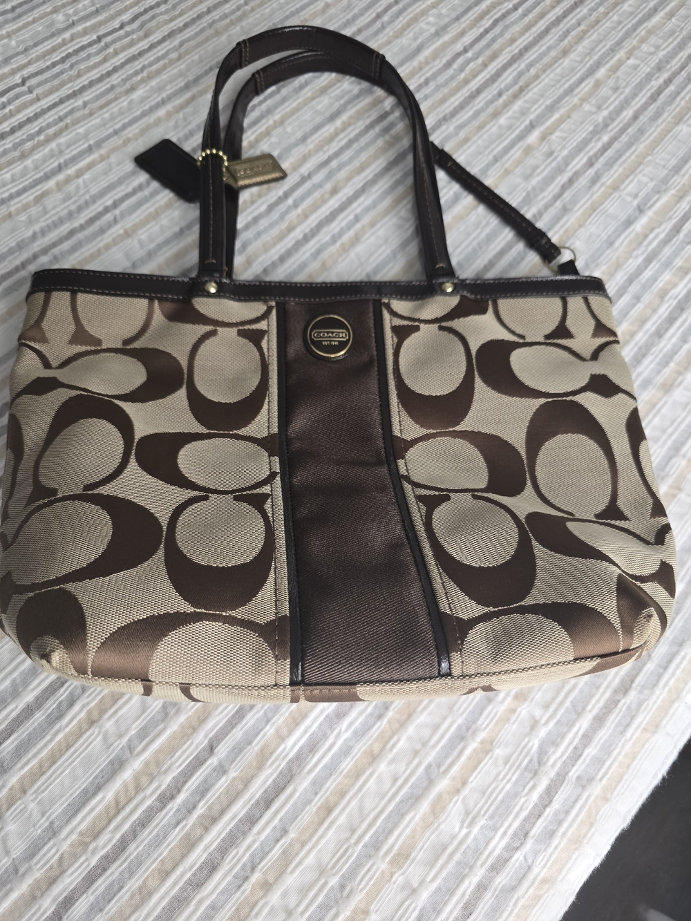 Coach Beige and Brown Signature Canvas Tote with Dark Brown Trim